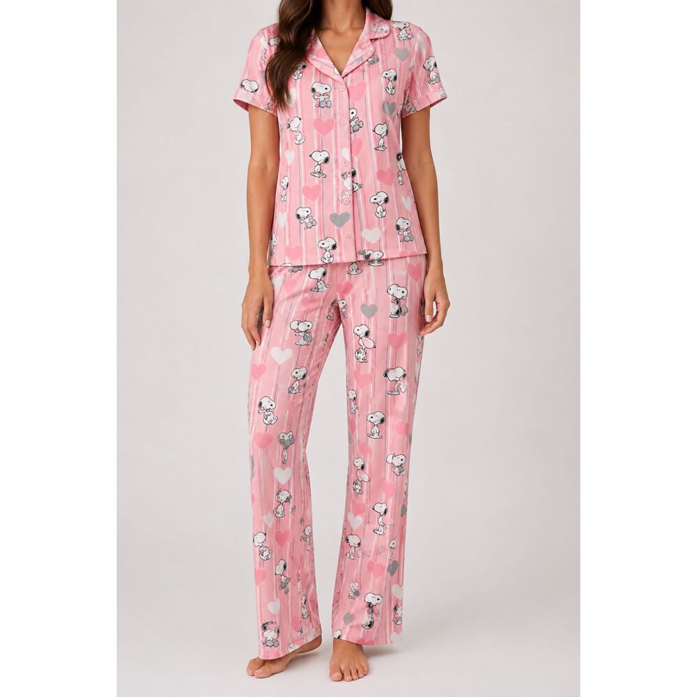 Munki Munki Peanuts Snoopy Pajama Set Women S Pink Hearts Button Up Lounge PJs